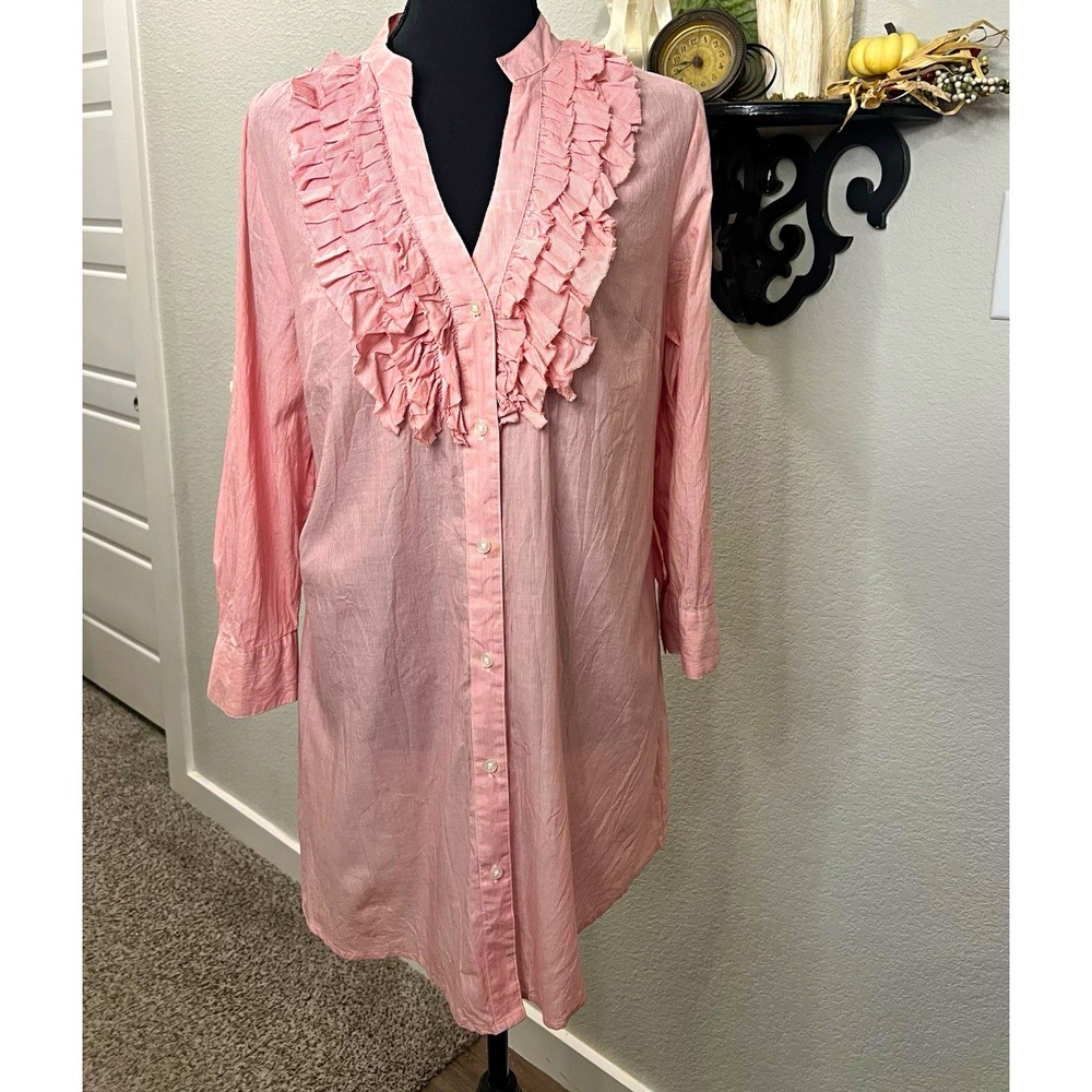 ELLE Red White Y2K Striped Ruffle V-Neck Button-Up Tunic 3/4 Sleeve Blouse sz M